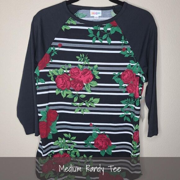 LuLaRoe Randy Medium Roses Floral Stripes NEW - Picture 1 of 1